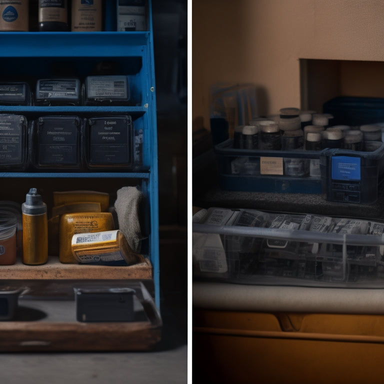 A split-screen image featuring a well-organized battery storage area with labeled compartments and a calendar in the background, alongside a cluttered and dusty area with dead batteries scattered around.