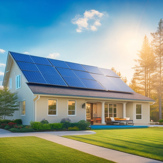 A serene suburban home with a sleek, modern solar array installed on the roof, panels angled to catch sunlight, against a bright blue sky with a few wispy clouds.
