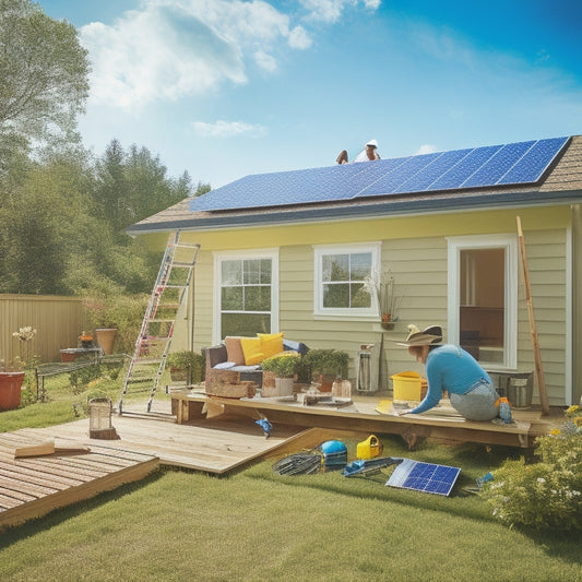 A sunny backyard with a DIY homeowner on a ladder, installing solar panels on a roof, surrounded by tools and instruction manuals, with a partially completed array in the background.