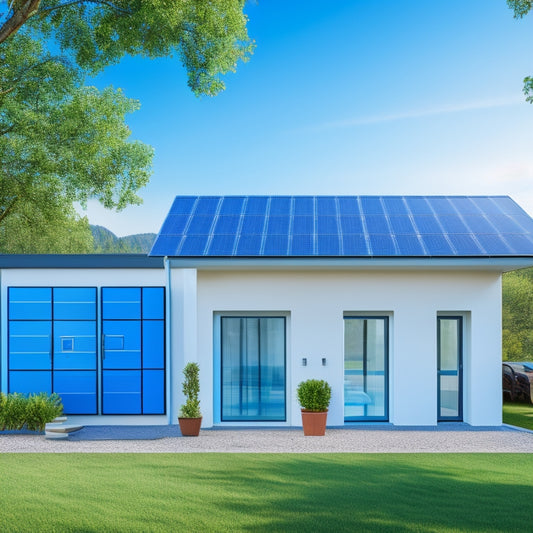 A modern home with sleek, silver battery storage units lined against a wall, surrounded by solar panels, electrical switches, and wires, set against a bright blue background with a subtle grid pattern.