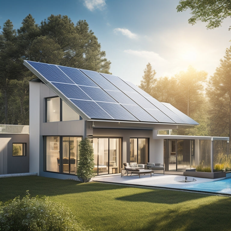 A sleek, modern home with a rooftop solar panel array, accompanied by a bank of shiny, silver batteries with LED indicators, surrounded by lush greenery and a sunny blue sky.