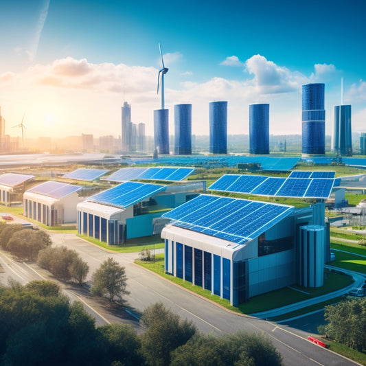 A futuristic cityscape showcasing sleek, compact energy storage units integrated into buildings, surrounded by solar panels and wind turbines, with vibrant greenery and electric vehicles illuminating a sustainable energy ecosystem under a bright blue sky.