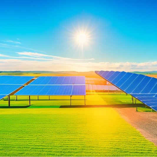 A vibrant solar farm with gleaming panels under a bright blue sky, surrounded by wind turbines spinning gracefully. In the foreground, a sleek green power inverter glows softly, symbolizing innovation in renewable energy.