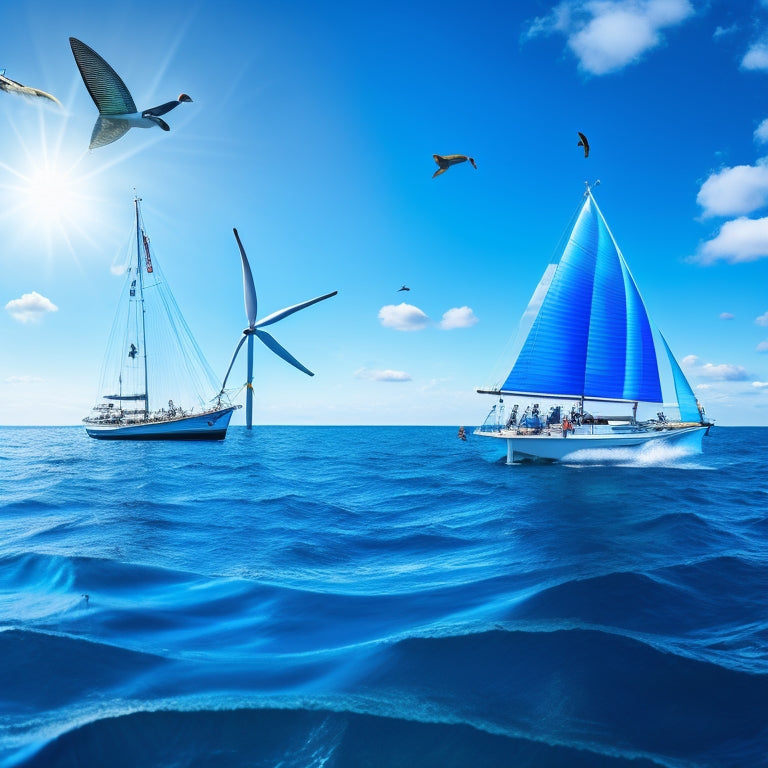 An illustration of a sailboat with solar panels and wind turbines on its deck, surrounded by a school of fish swimming in a pollution-free ocean, with a bright blue sky above.