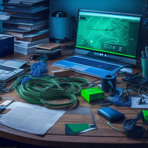 A messy desk with tangled cables, a crashed computer, and scattered papers, contrasted with a tidy workspace featuring a neatly organized server, a clock, and a backup drive with a green checkmark.