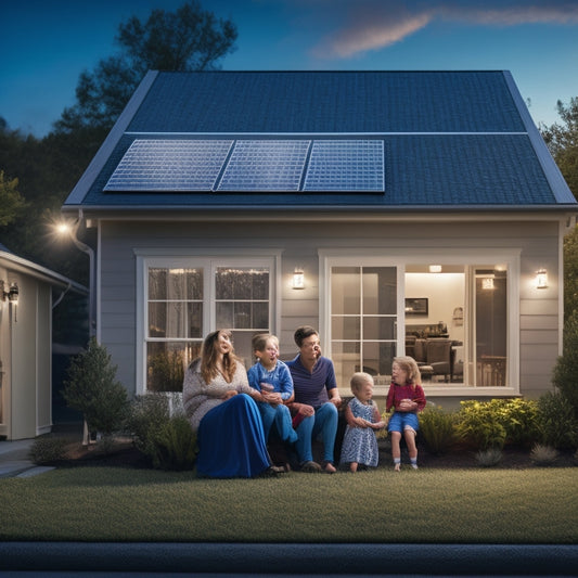 A photo-realistic image of a family smiling outside their home with solar panels on the roof, a generator in the background, and lights on inside during a nighttime power outage.
