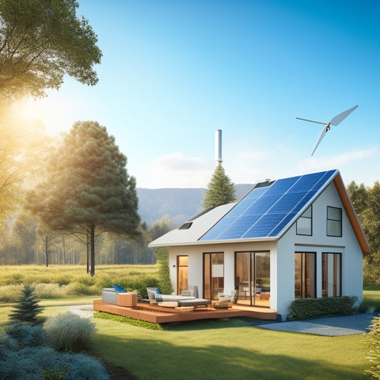 An illustration of a modern, eco-friendly home with solar panels, a wind turbine, and a green roof, surrounded by lush trees and a bright blue sky with fluffy white clouds.