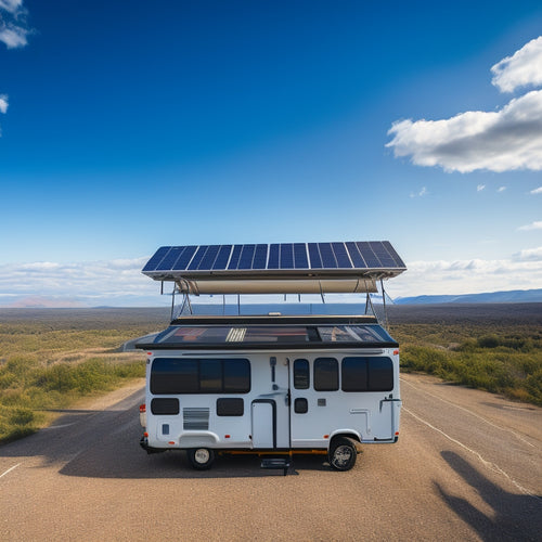 An RV's roof with three sleek, black solar panels installed, wires and connectors visible, surrounded by a few scattered tools and a toolbox, set against a bright blue sky with fluffy white clouds.