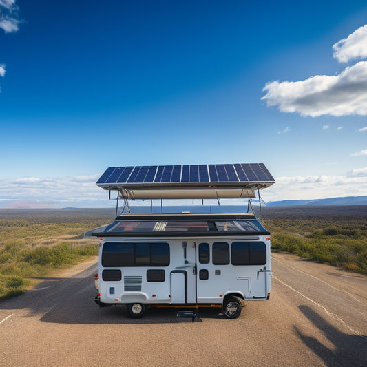 An RV's roof with three sleek, black solar panels installed, wires and connectors visible, surrounded by a few scattered tools and a toolbox, set against a bright blue sky with fluffy white clouds.