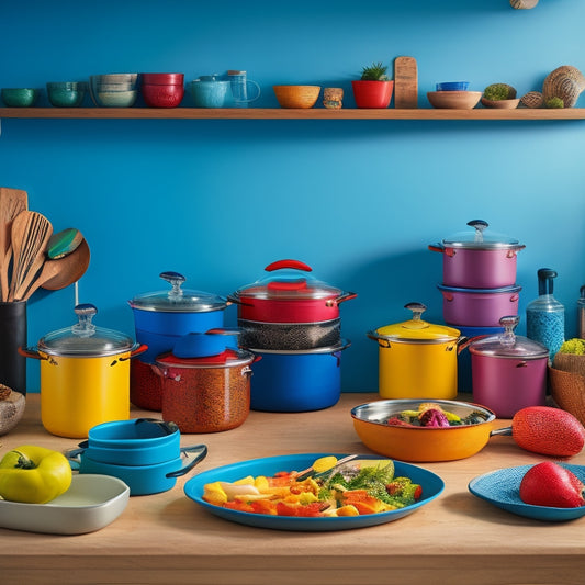 A vibrant kitchen scene featuring colorful, collapsible cookware neatly organized in a compact cabinet, showcasing pots, pans, and utensils in soft, flexible materials, surrounded by fresh ingredients and a cozy, inviting atmosphere.