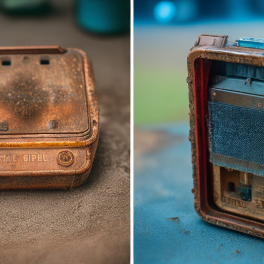 A split-screen image featuring a dirty, corroded battery terminal on the left, with grime and rust buildup, and a clean, shiny terminal on the right, with sparkling copper contacts.