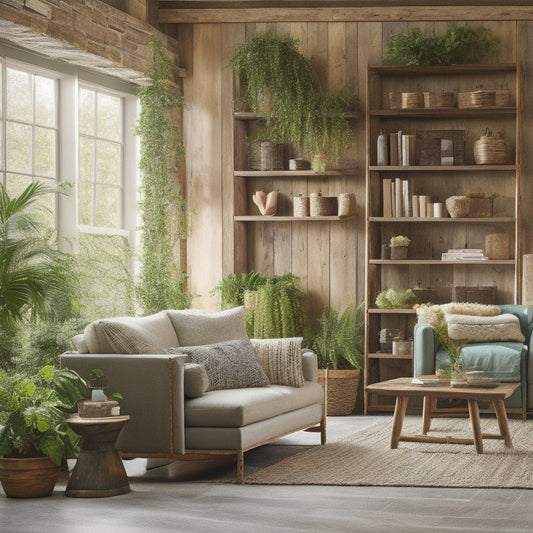 A serene, rustic-chic living room with reclaimed wood accents, featuring a floor-to-ceiling shelving unit constructed from repurposed wooden pallets, illuminated by warm, soft lighting and surrounded by lush greenery.
