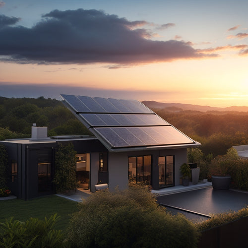 A serene rooftop scene at sunset, with a sleek, black solar panel array installed, connected to a compact, grey battery storage unit, surrounded by lush greenery and a few scattered roof tiles.