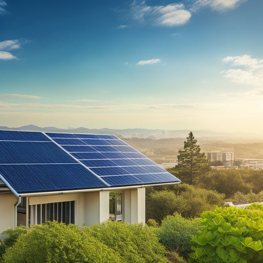 A modern, sleek, and silver solar panel system installed on a rooftop, with a compact battery unit in the foreground, surrounded by lush greenery and a subtle cityscape in the background.