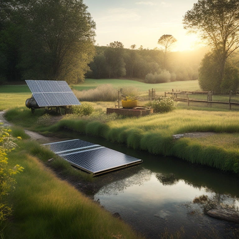 A serene rural landscape with a solar panel array in the foreground, connected to a small water pump, surrounded by lush greenery and a winding stream in the background.