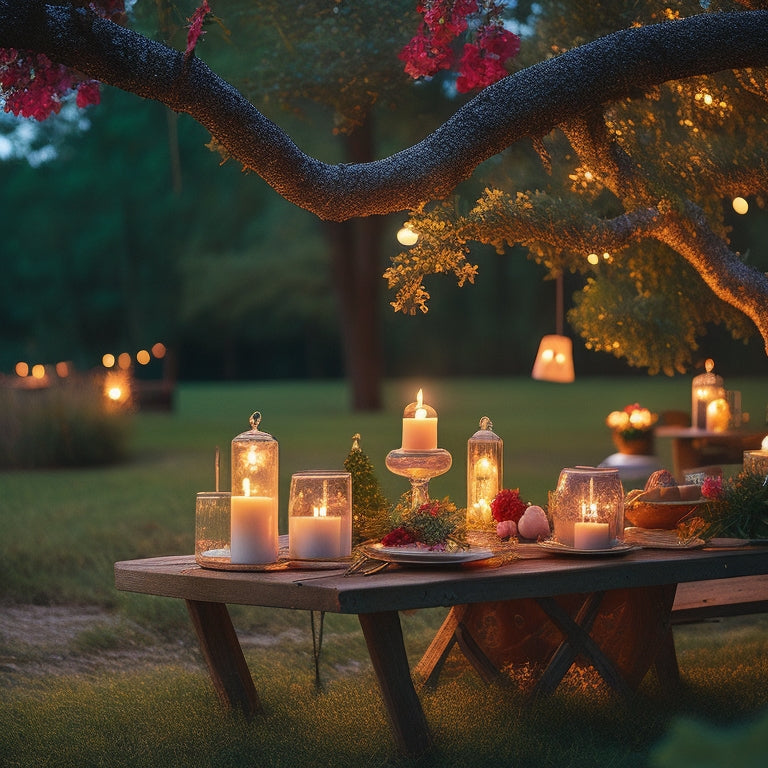 A cozy outdoor setting illuminated by warm, twinkling string lights draped across trees, casting soft glows on a wooden table adorned with candles and vibrant flowers, creating an inviting party atmosphere at twilight.