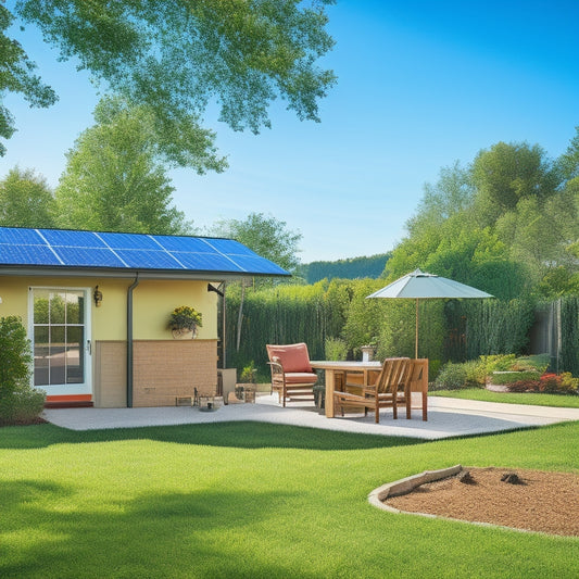 A serene backyard scene featuring a beginner-friendly solar panel setup on a sunny day, with a garden, tools scattered nearby, and a clear blue sky to illustrate the simplicity and accessibility of solar energy design.