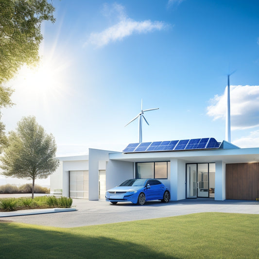 A serene, modern home with solar panels on the roof, a wind turbine in the backyard, and a sleek, electric vehicle charging station in the driveway, set against a bright blue sky with fluffy white clouds.