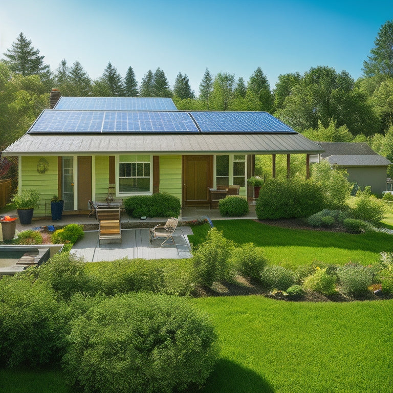 A sunny backyard with a modern suburban house featuring a newly installed solar panel array on the roof, with a ladder and toolbox nearby, surrounded by lush greenery and a few solar workers in the distance.