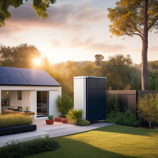 A modern home's backyard with a sleek, compact battery storage unit installed next to a solar panel array, surrounded by lush greenery and a subtle cityscape in the background.