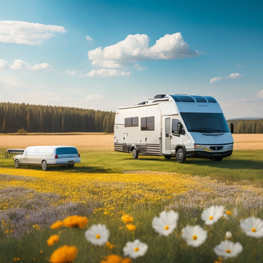 An illustration of a sleek, modern RV parked in a sun-drenched meadow, surrounded by blooming wildflowers, with a solar panel array on the roof and a wind turbine spinning in the background.