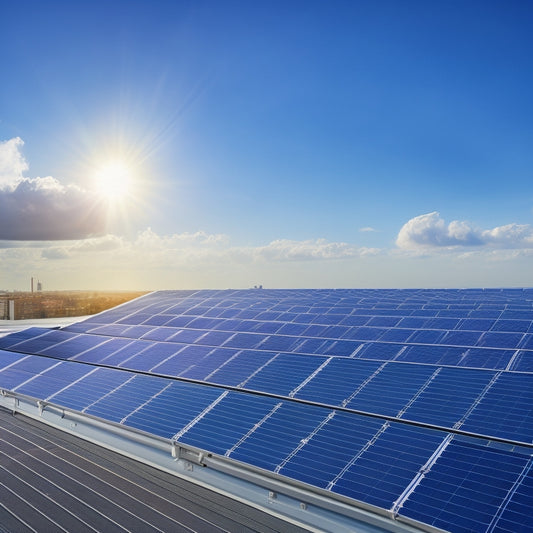 A photorealistic image depicting a modern, sleek rooftop with a grid of 12 solar panels, angled at 30 degrees, reflecting a clear blue sky with fluffy white clouds.