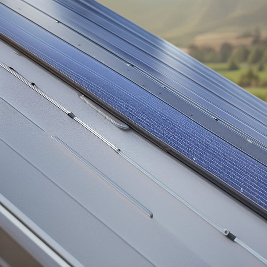 A close-up of a modern roof with sleek, silver solar panels installed, showcasing a sturdy, adjustable bracket system with sleek, curved aluminum rails and secure, rust-resistant clamps.