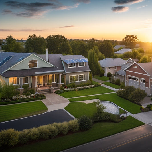 A serene suburban neighborhood at sunset, with solar panels and wind turbines seamlessly integrated into rooftops and backyards, surrounded by lush greenery and a few electric vehicles.
