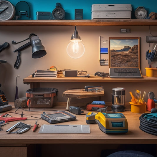 A clutter-free, well-lit workspace with a solar panel propped against a wall, surrounded by essential maintenance tools: a multimeter, wire cutters, screwdrivers, and a soft-bristled brush.