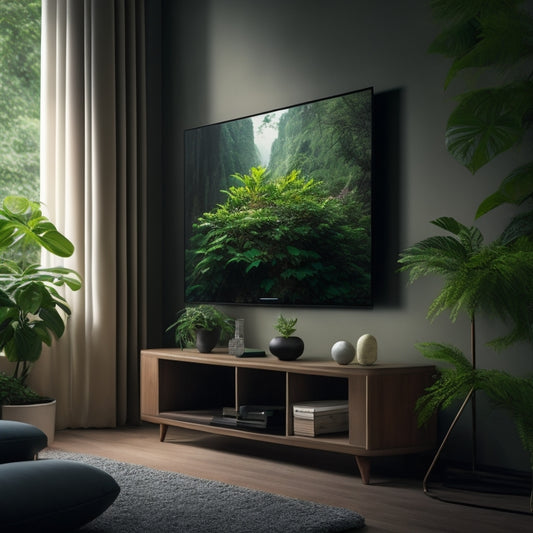 A serene, modern living room with a wall-mounted smart hub, surrounded by lush greenery, and a subtle LED glow, conveying a sense of eco-friendly technology and secure tranquility.