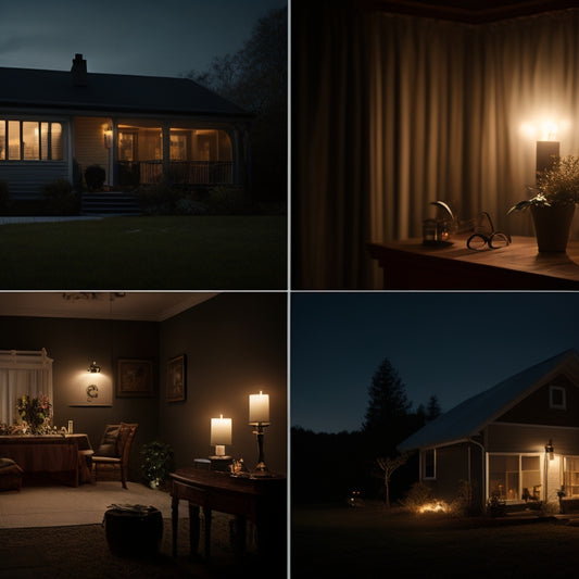 A split-screen image: a darkened home with candles and flashlights, contrasted with a brightly lit home powered by a solar panel system with a battery backup unit in the background.
