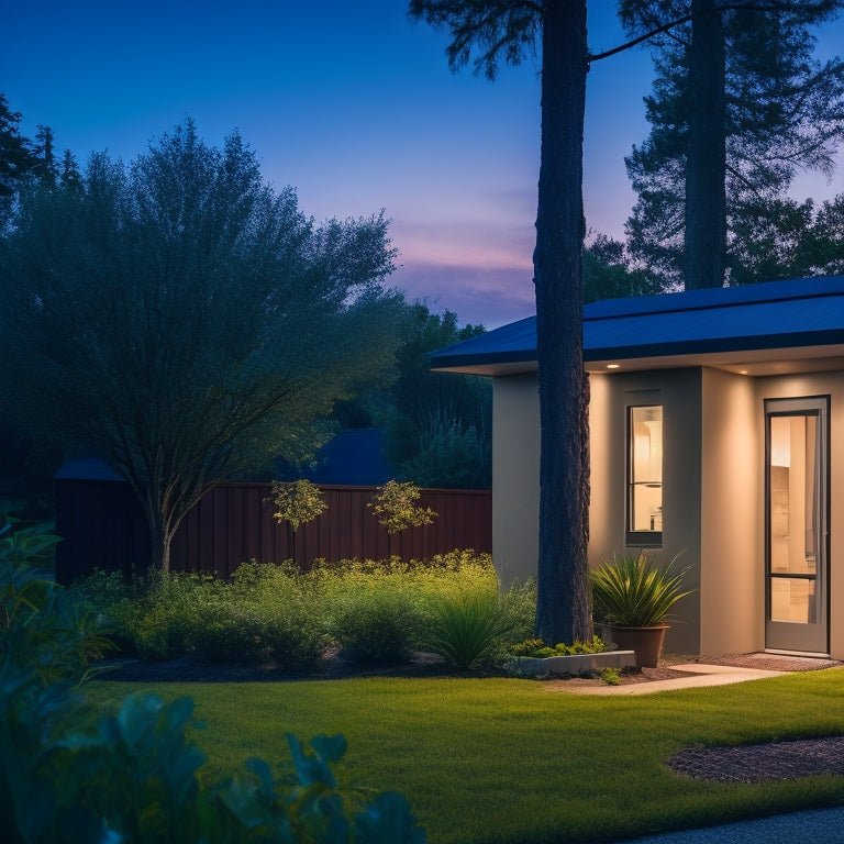 A modern home's exterior at dusk, with a sleek, compact battery backup system installed next to the electrical panel, illuminated by a soft blue glow, surrounded by lush greenery.