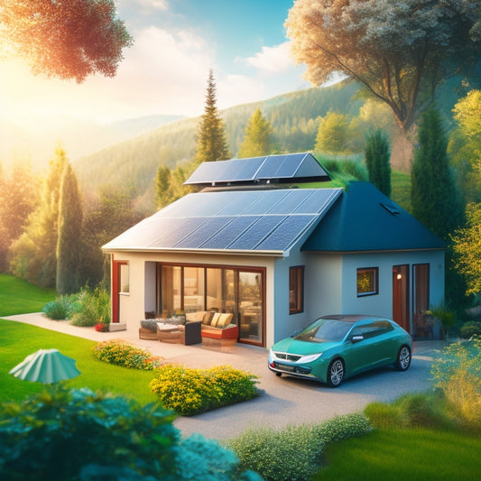A whimsical illustration of a cozy, modern home surrounded by lush greenery, with solar panels on the roof, a wind turbine in the backyard, and a battery storage system beside a sleek electric vehicle.