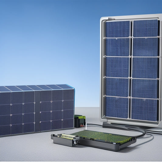 A photorealistic illustration of a sleek, black solar panel array on a white background, connected to a compact battery pack and a modern inverter with cables and wires neatly organized.