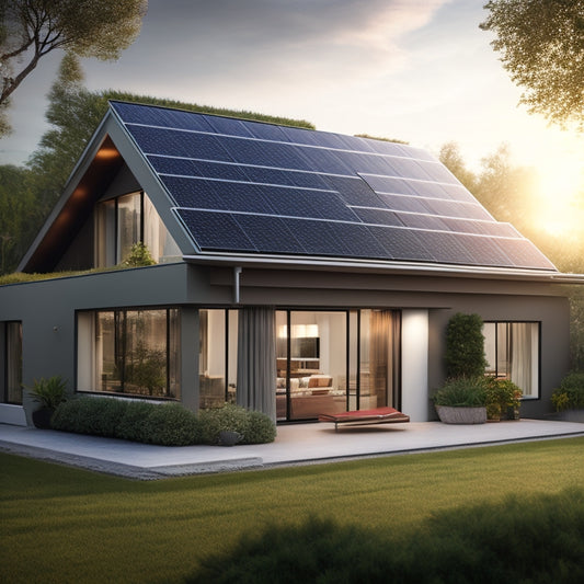 A modern home with solar panels on the roof, connected to a sleek solar battery unit beside it. Lush greenery surrounds the house, sunlight illuminating the panels, showcasing energy flow with glowing lines.