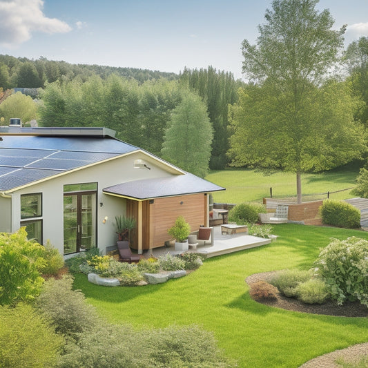 A sunny backyard with a modern, eco-friendly house in the background, featuring a rooftop solar panel array, a vertical wind turbine, and a compact battery storage unit surrounded by lush greenery.