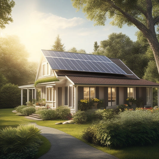 A serene suburban house with solar panels on the roof, surrounded by lush greenery, with a subtle sun shining in the background, and a faint grid of electricity lines in the distance.