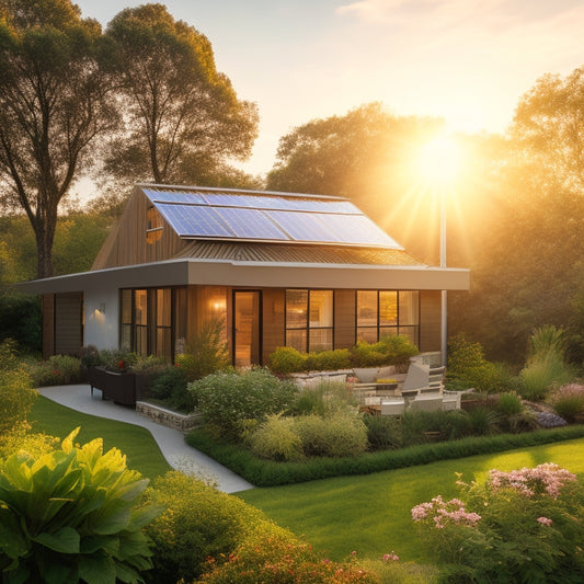 A serene, modern home surrounded by lush greenery, with a rooftop solar panel array, a backyard wind turbine, and a compact vertical garden, bathed in warm, golden sunlight.