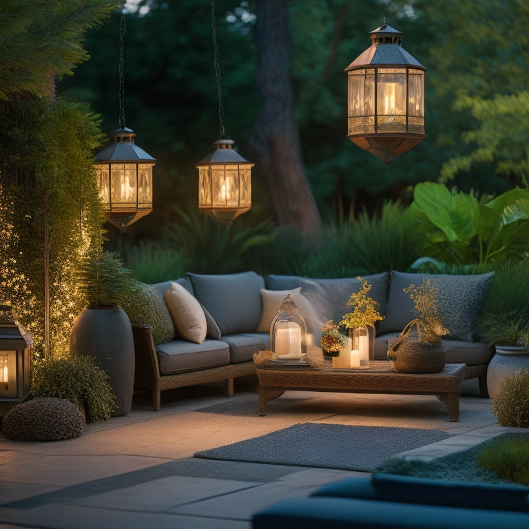 A serene patio scene at dusk, featuring stylish rechargeable lanterns, glowing string lights draped overhead, and a cozy seating area with plush cushions, surrounded by lush greenery and flickering candles for ambiance.