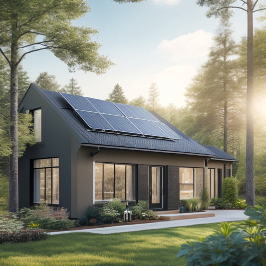 A serene suburban home with a sleek, black solar panel array on the roof, accompanied by a compact, gray battery storage unit on the side wall, surrounded by lush greenery.