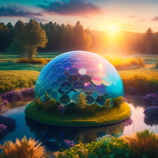 A futuristic, sun-drenched landscape featuring a sleek, silver wind turbine and a cluster of solar panels nestled among lush greenery, surrounded by glowing, iridescent orbs.