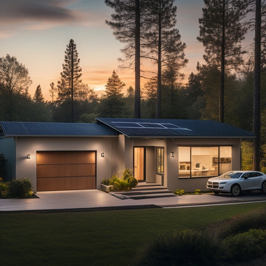 A serene, modern home at dusk, with solar panels on the roof, a compact battery storage unit in the garage, and a backup generator humming in the background, surrounded by lush greenery.