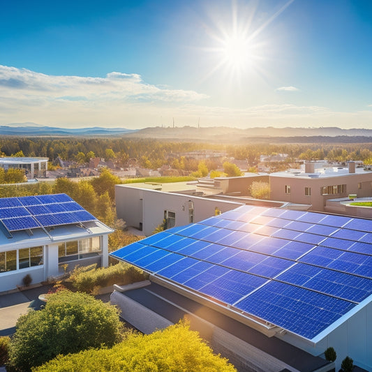 A vibrant rooftop scene showcasing sleek, high-efficiency solar panels glistening under a bright sun, surrounded by a modern residential home and a commercial building, blending sustainability with cutting-edge technology in a clear blue sky.