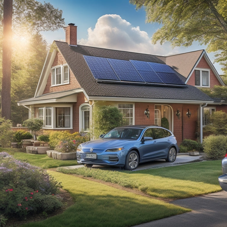 A cozy suburban home adorned with solar panels on the roof, surrounded by vibrant greenery, a small wind turbine in the yard, and an electric car charging in a driveway, basking in warm sunlight.