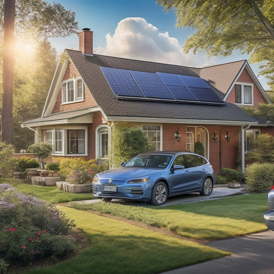 A cozy suburban home adorned with solar panels on the roof, surrounded by vibrant greenery, a small wind turbine in the yard, and an electric car charging in a driveway, basking in warm sunlight.