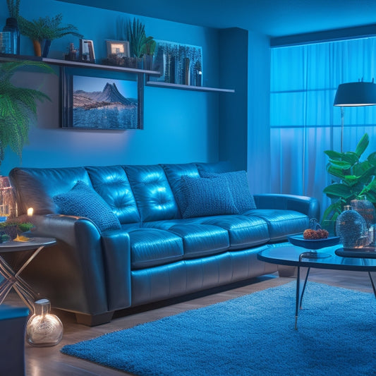 A dimly lit, sleek man cave with a solar-powered neon sign "Relaxation Station" above a plush, black leather sectional sofa, surrounded by eco-friendly decor and futuristic gadgets.