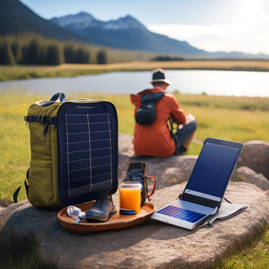 A serene outdoor setting with a backpack, hiking boots, and a portable solar panel unfolding from a compact case, connected to a battery pack with a charging smartphone.