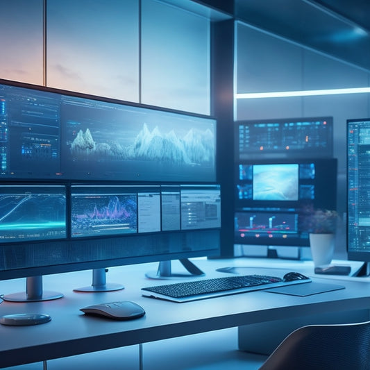 A futuristic digital workspace, showcasing a sleek, high-tech computer with vibrant screens displaying complex algorithms, surrounded by holographic interfaces and glowing data streams, all set against a minimalist, modern backdrop.