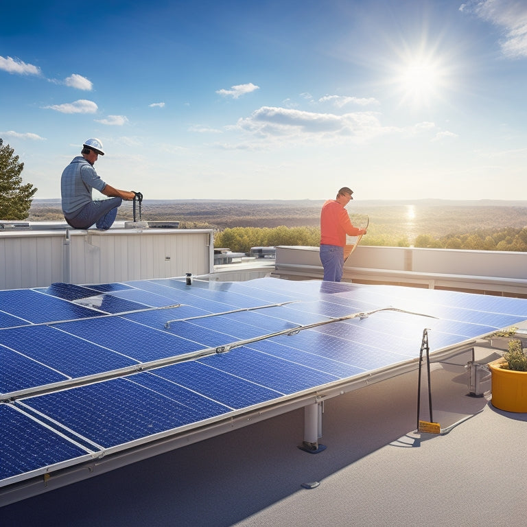 A serene rooftop scene showcasing a person installing sleek, custom solar panels under a bright blue sky, surrounded by tools, a step ladder, and a blueprint, highlighting the installation process in a vibrant, sunny environment.