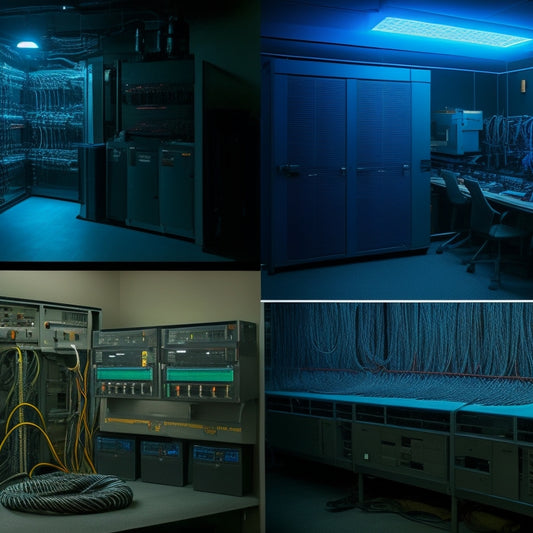 A split-screen image featuring a cluttered, dimly lit server room on the left, with tangled cords and overheated equipment, versus a tidy, well-organized room on the right, with color-coded cables and humming machinery.